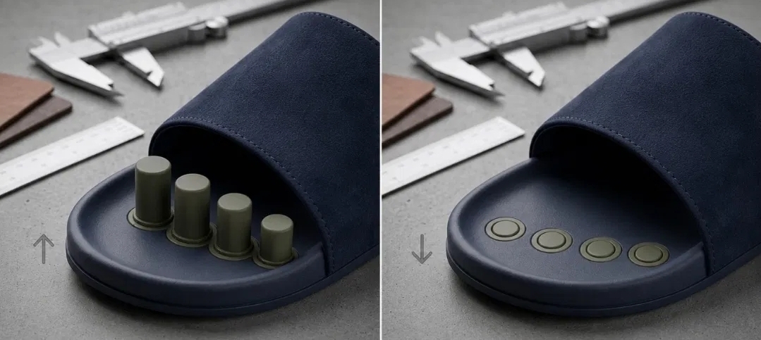 MODTOES module comparison: deployed posts raised between toes on the left, retracted flush with the sole on the right