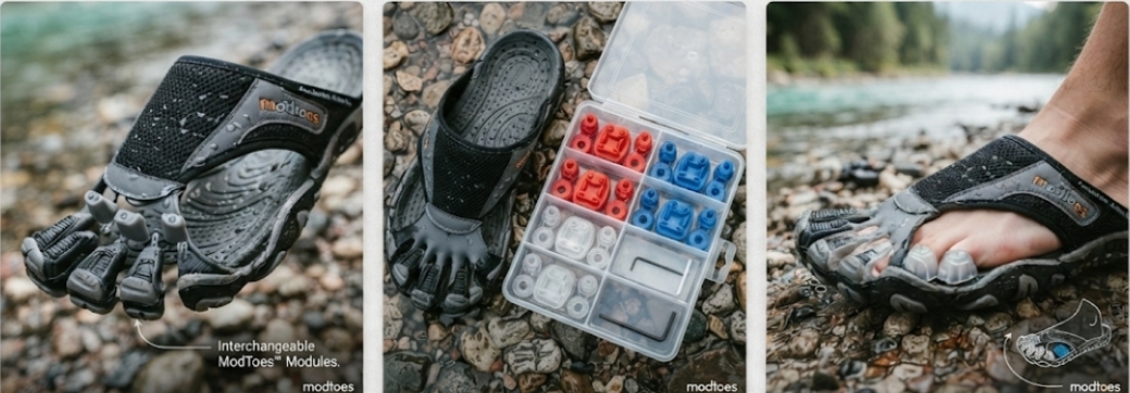 Three views of the MODTOES module system: a close-up of modules seated between the toes, a sole with the module storage tray showing red, blue, and clear inserts, and the sandal worn on a rocky riverbank
