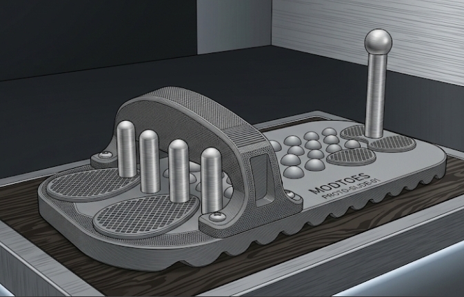 3D-printed MODTOES mechanical prototype line-art render showing the post and module layout