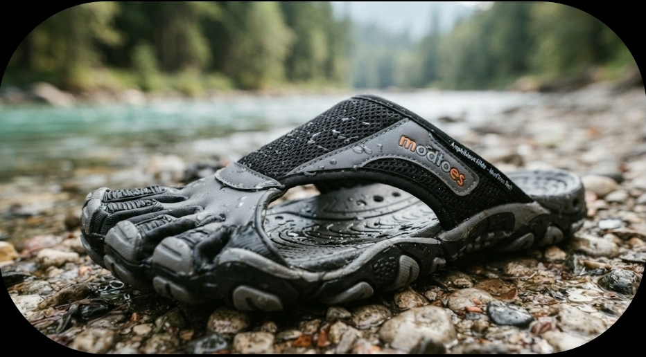 MODTOES sandal on a riverbank, modules seated between the toes, wet stone shoreline in the background