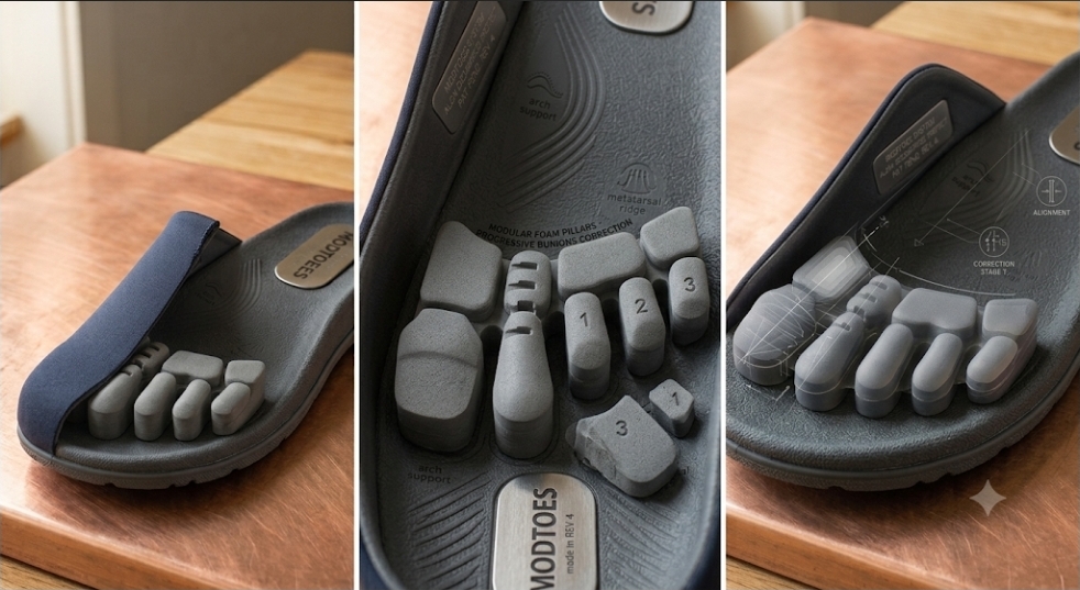 MODTOES module sizing set showing multiple module shapes and sizes staged on the sole grid